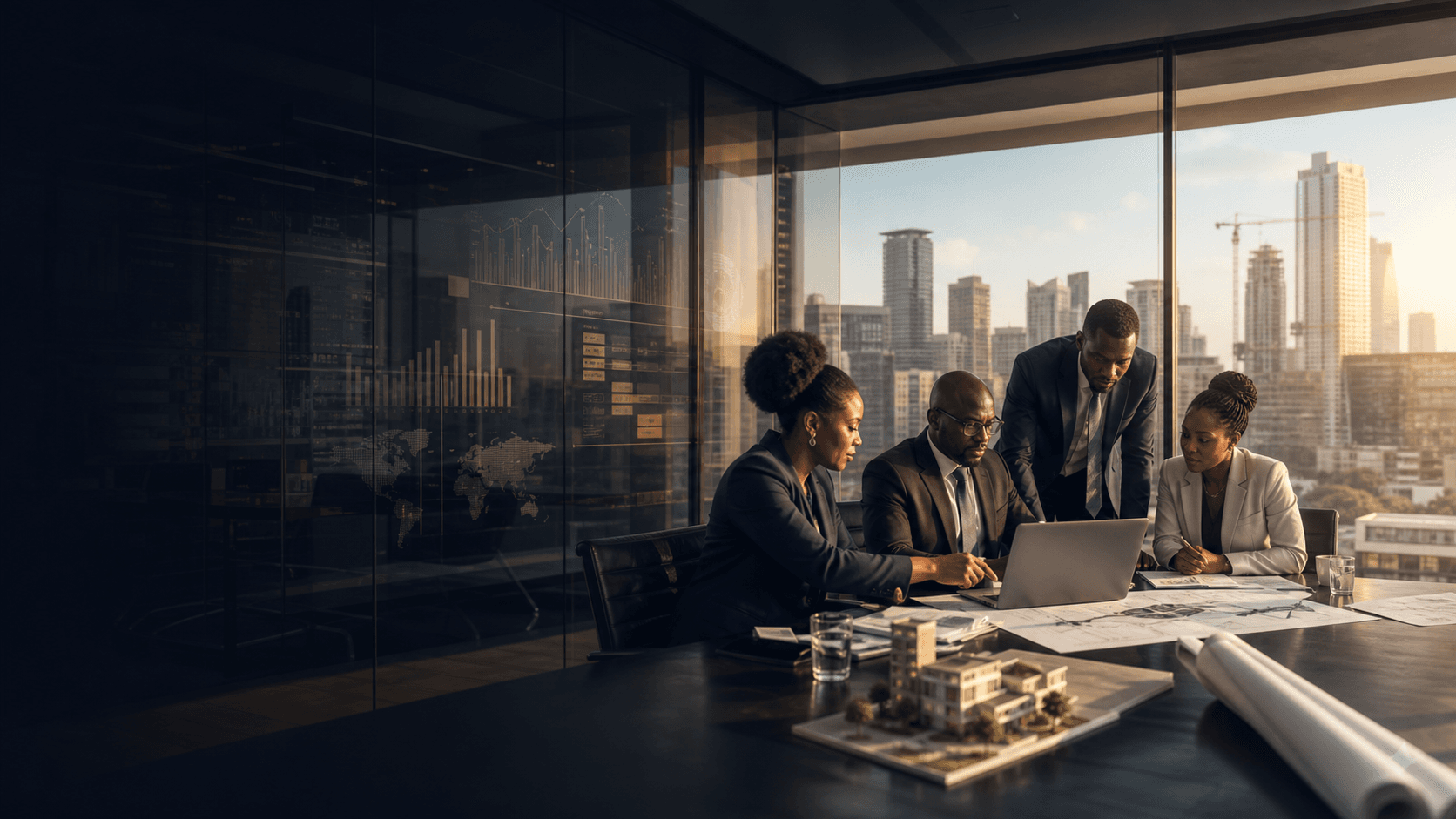 Business leaders reviewing strategy, analytics and property development plans